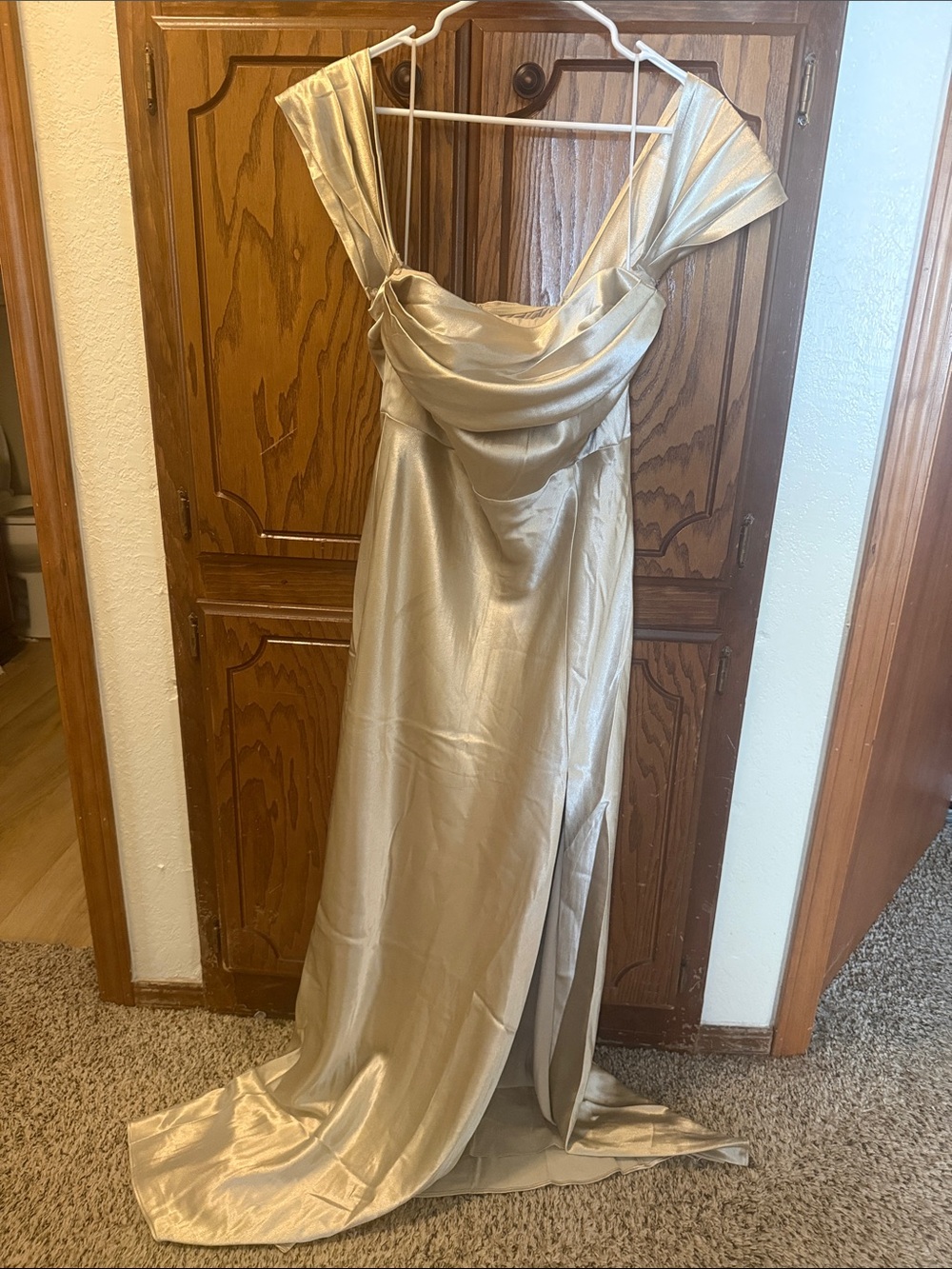 Birdy Grey Champagne Satin Cowl Neck Evening Gown
